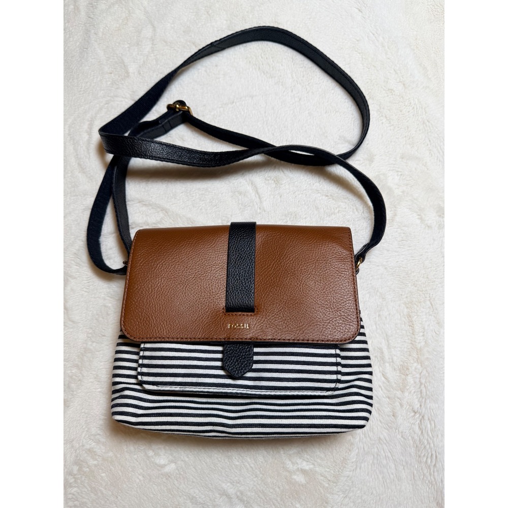 Fossil Kinley Small Crossbody Bag Brown Leather Black White Striped Canvas Purse